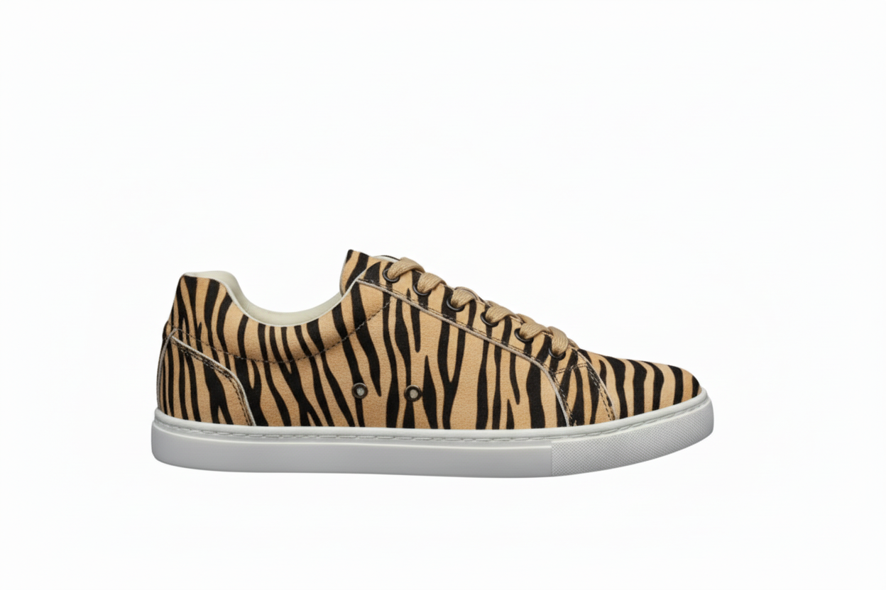 Sneaker Wish Dance Shop ATACA Tiger Black Gold Vortex con disegno tigre bengala beige, suola nera in gomma e dettagli pivot.