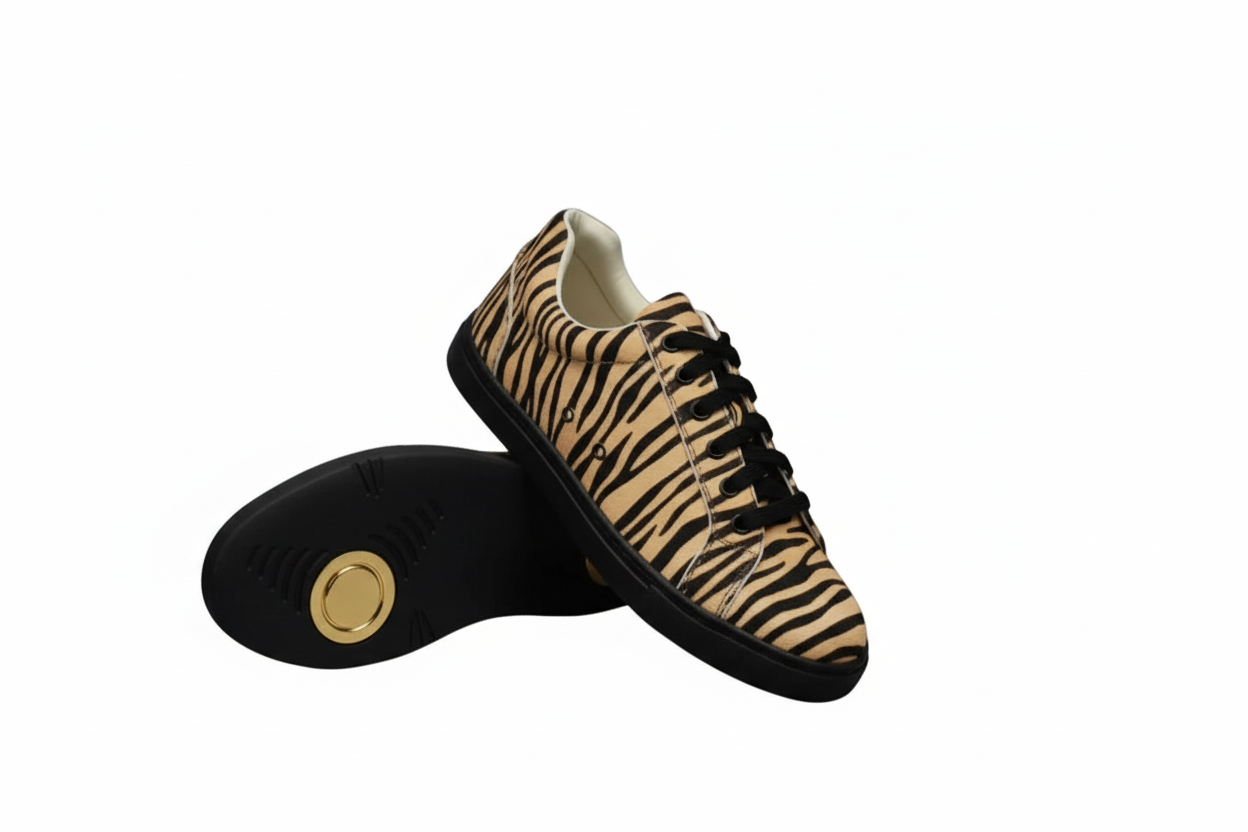 Sneaker ATACA Tiger Black Gold Vortex Wish Dance Shop con design tigre bengala beige, suola nera in gomma e resina, stile leggero e flessibile
