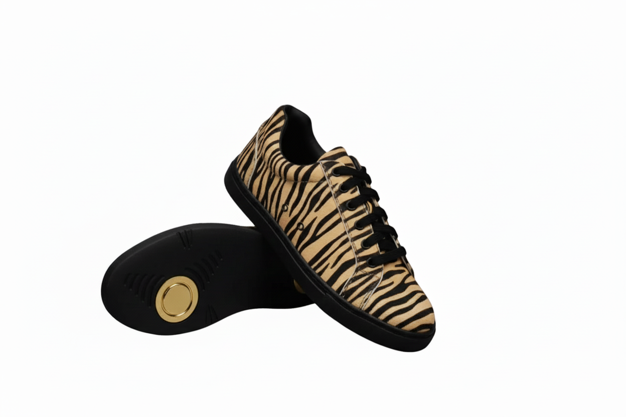 Sneaker Wish Dance Shop ATACA Tiger Black Gold Vortex con disegno tigre bengala beige, suola nera in gomma e resina, materiale vegan.