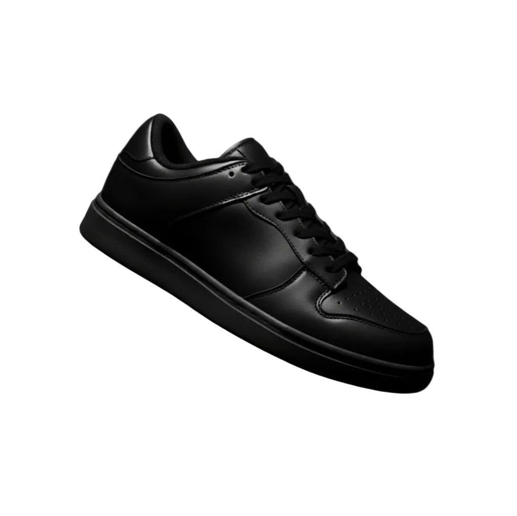 Sneaker in ecopelle nera vegana Wish Dance Shop con suola in gomma nera e dettagli in resina tecnica e cerchi rossi.