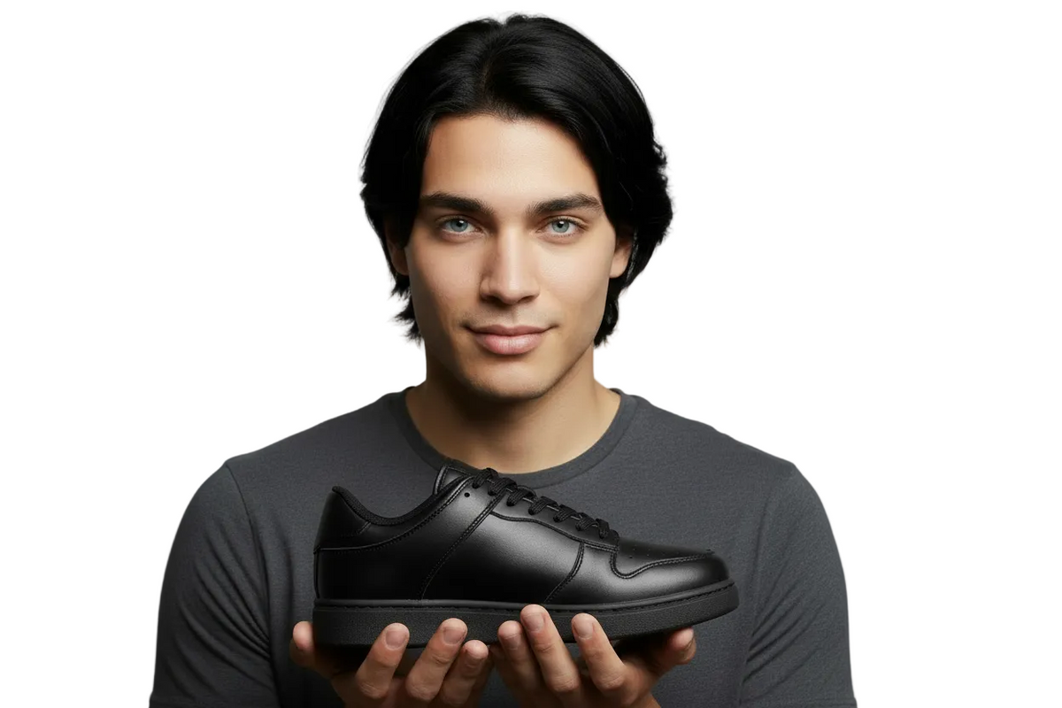 Sneaker Wish Dance Shop LOKI in ecopelle nera vegan con suola in gomma e resina, dettagli cerchi rossi.