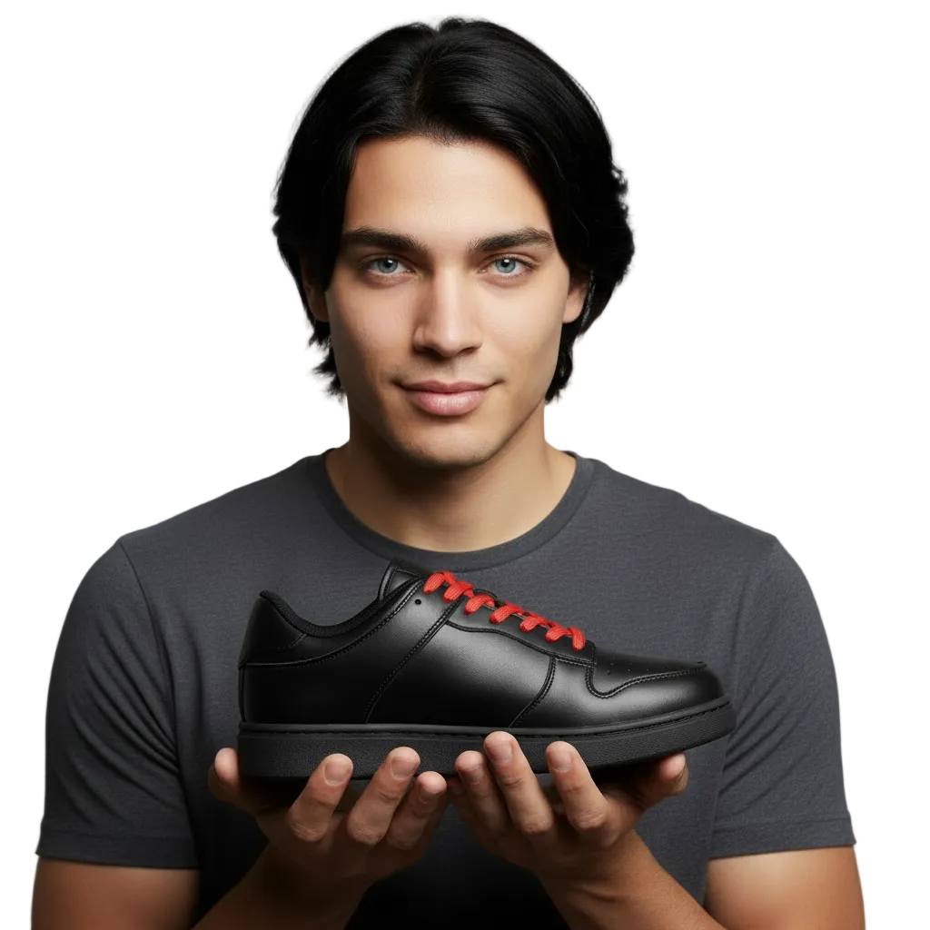 Sneaker Wish Dance Shop LOKI in ecopelle nera vegan con suola in gomma e resina, dettagli cerchi rossi, immagine schermo.