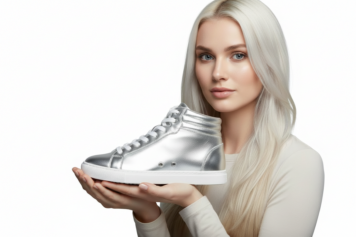 Sneaker GERO Noah Silver Vortex Wish Dance Shop con collo alto, ecopelle argento, suola bianca e dettagli in cerchi e resina.