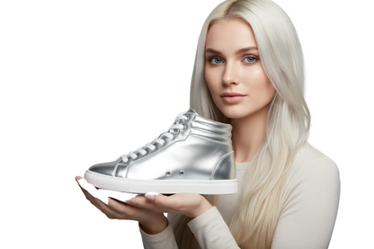 Sneaker GERO Noah Silver Vortex Wish Dance Shop, collo alto in ecopelle argento, suola bianca in gomma e resina, stile vegano.