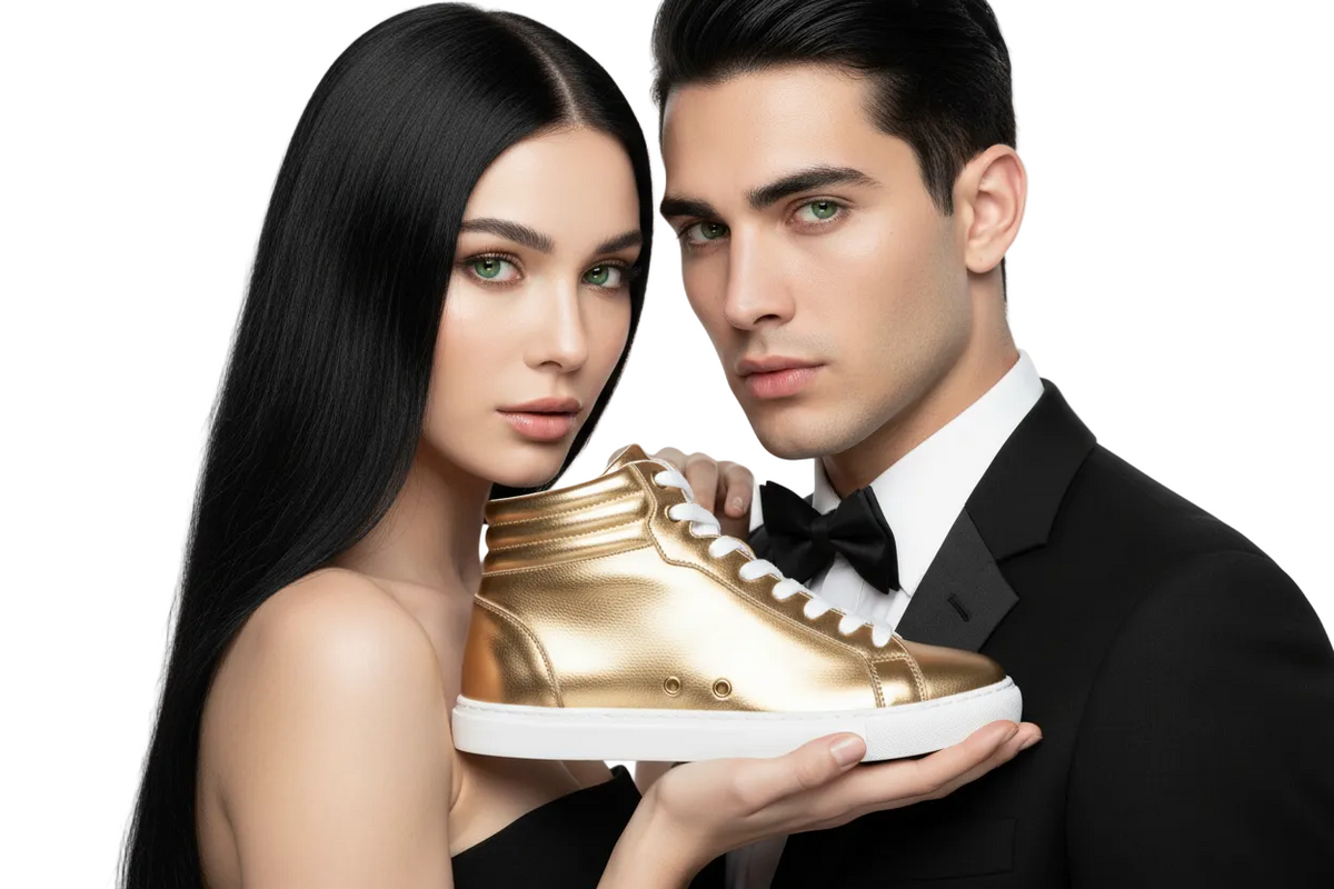Sneaker GERO Noah Gold Vortex in ecopelle oro con suola bianca, design alto, dettaglio cerchi oro, comfort e flex leggero.