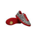 Carica immagine nella Galleria, Sneaker vegan ATACA Zebry Red Gold Vortex in tessuto zebrato con suola rossa, dettagli in oro e resina, comfort e flessibilità.
