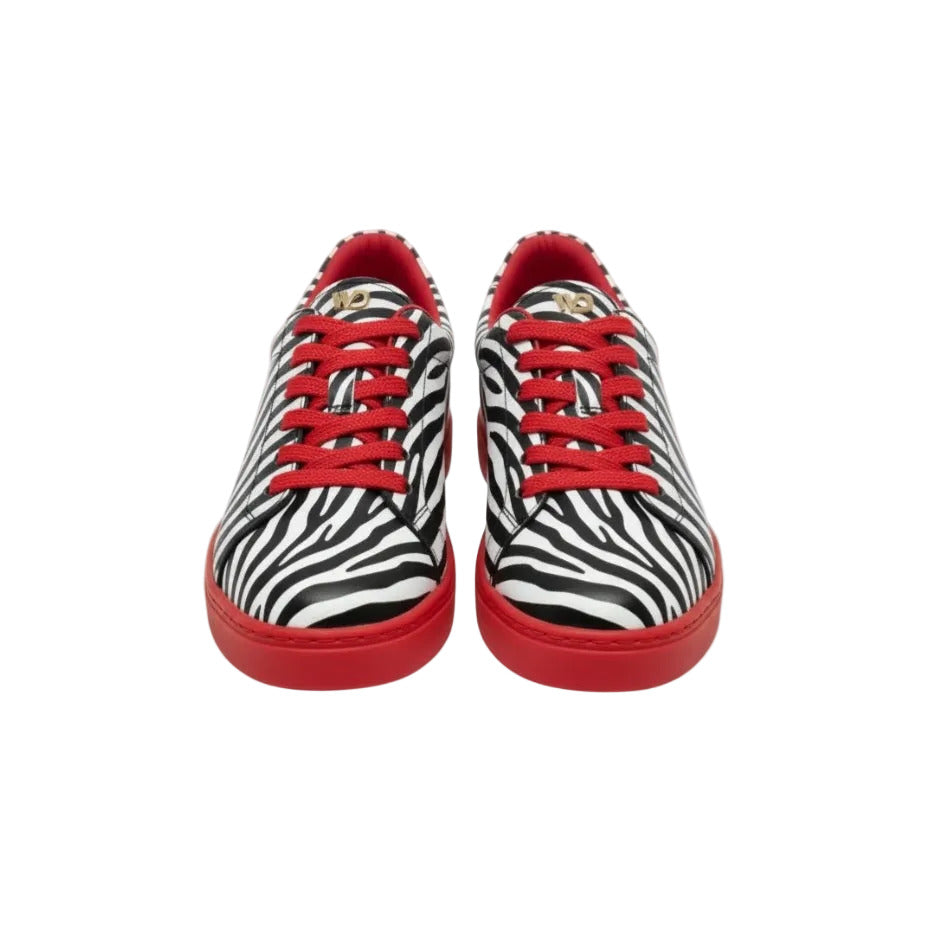 Sneaker Wish Dance Shop ATACA Zebry Red Gold Vortex in tessuto zebrato vegan con suola rossa in gomma e resina, dettagli oro.