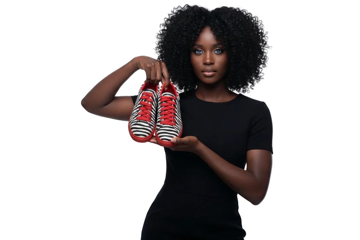 Sneaker zebra rossa e oro Wish Dance Shop, tessuto vegano, suola in gomma rossa, dettagli in resina e cerchi oro.