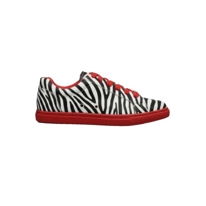 Sneaker Wish Dance Shop ATACA Zebry Red Gold Vortex in tessuto zebrato vegano con suola rossa in gomma e resina, dettagli in oro.