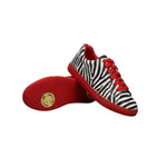 Carica immagine nella Galleria, Sneaker Wish Dance Shop ATACA Zebry Red Gold Vortex in tessuto zebrato, suola rossa in gomma e resina, dettagli oro e design vegano.
