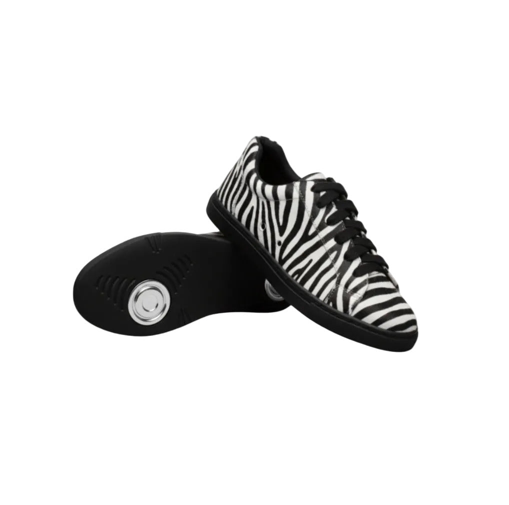 Sneaker Wish Dance Shop Zebry Black Silver Vortex in tessuto zebrato vegan, con suola nera in gomma e resina, dettaglio pivot argento
