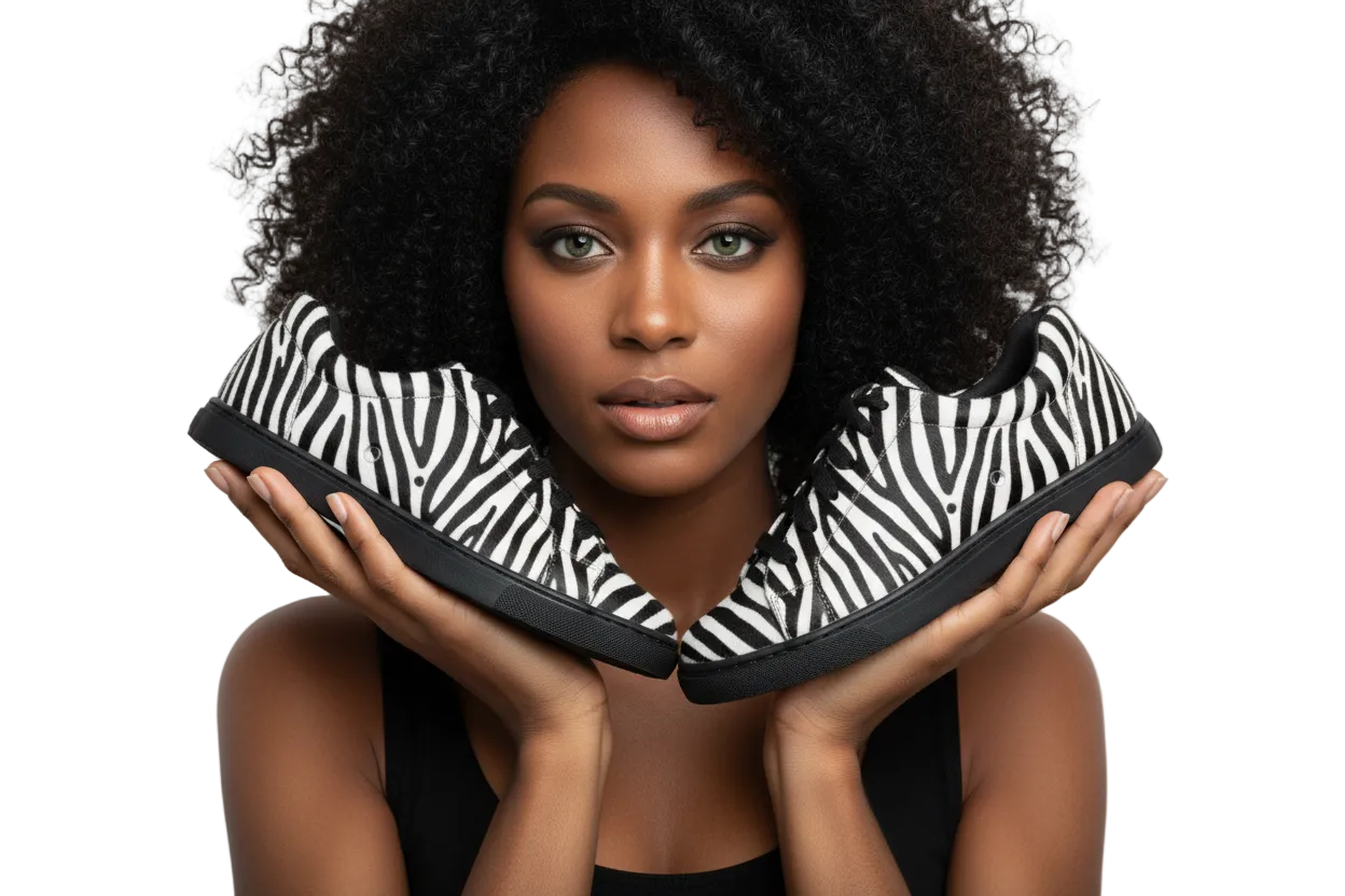 Sneaker Wish Dance Shop ATACA Zebry Black Silver Vortex in tessuto zebra, con suola in gomma nera e dettagli in argento.