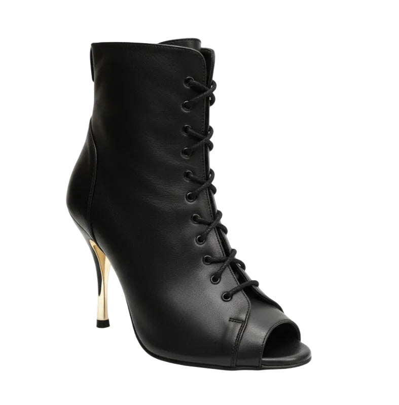 Stivetta mezzo con zip in pelle nera e tacco a spillo in alluminio laminato oro, modello Alexis Black Gold.