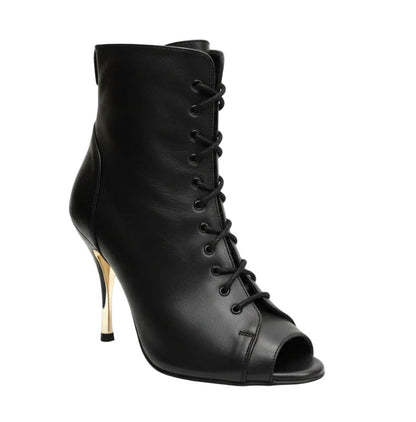 Stivetta mezzo con zip in pelle nera e tacco a spillo in alluminio laminato oro, modello Alexis Black Gold.