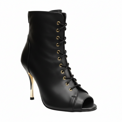 ALEXIS Angel Black Gold (Art. 132) - Mezzo Stivaletto con Zip in Pelle Nera Tacco a Spillo in Alluminio Laminato Oro