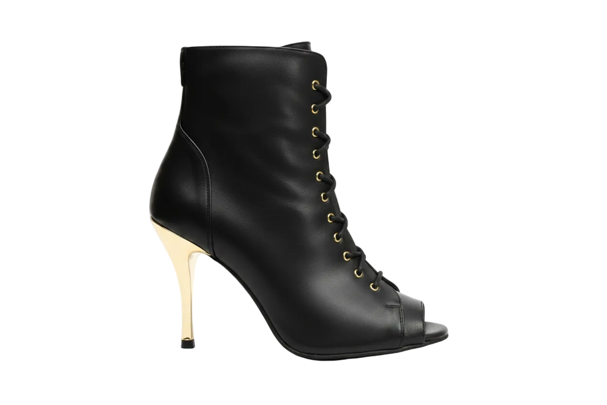 ALEXIS Angel Black Gold (Art. 132) - Mezzo Stivaletto con Zip in Pelle Nera Tacco a Spillo in Alluminio Laminato Oro