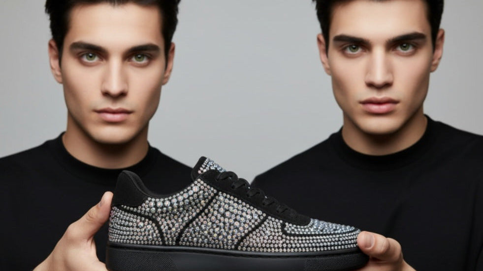 Sneaker Poseidon De Lux Vortex in camoscio vegan nero con Swarovski boreali, suola nera gomma e dettagli tecnici neri.