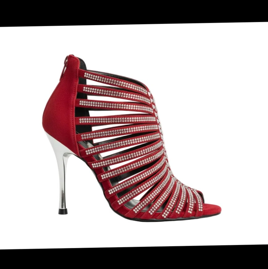 Sandalo a tronchetto donna ELSY Plus in camoscio rosso con Swarovski Boreali, plateau e tacco a spillo largo.