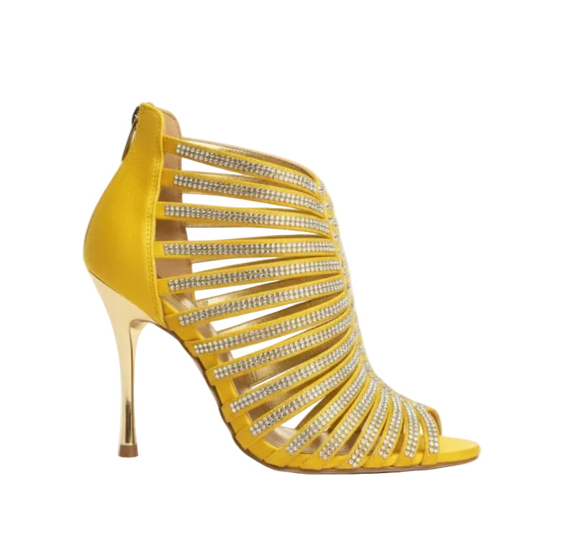 Sandalo a tronchetto donna ELSY Plus in morbido camoscio giallo con Swarovski Boreali e tacco a spillo laminato oro