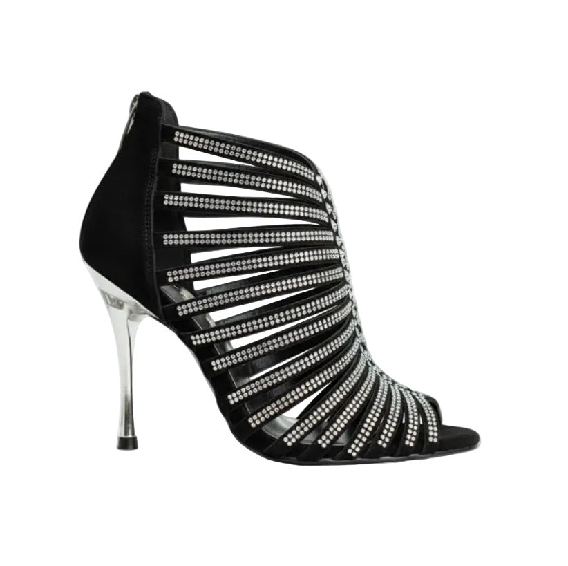 Sandalo a tronchetto donna Wish Dance Shop ELSY Plus (L7) in raso seta nero, Swarovski Boreali e tacco a spillo laminato argento