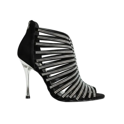 Sandalo a tronchetto donna Wish Dance Shop ELSY Plus (L7) in raso seta nero, Swarovski Boreali e tacco a spillo laminato argento