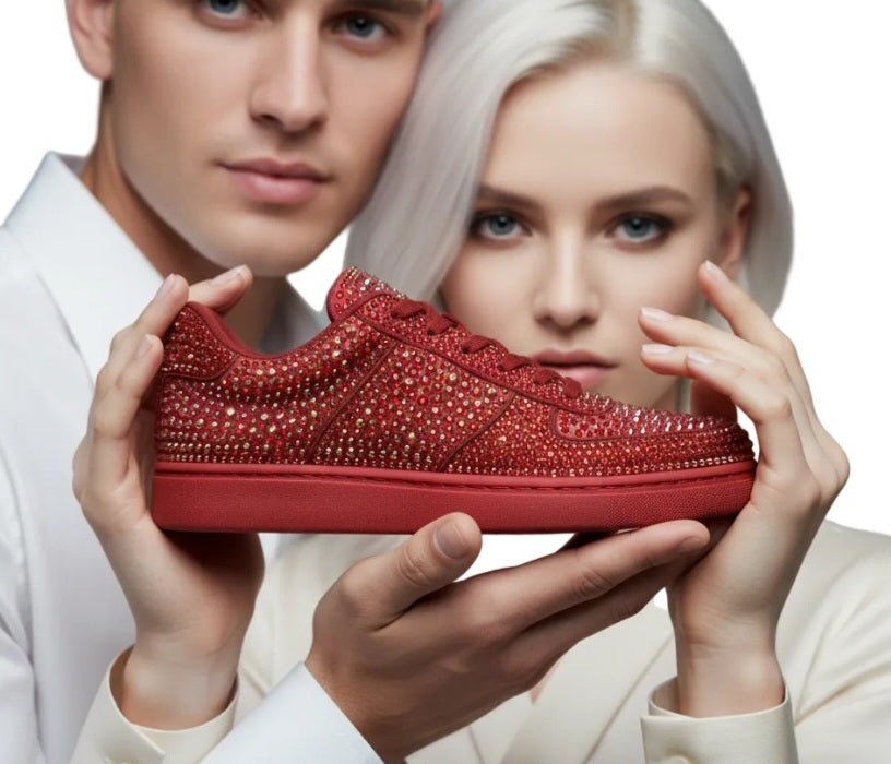 Sneaker Rubin De Lux Wish Dance Shop in camoscio vegan con Swarovski Boreali, suola rossa in gomma e resina tecnica con cerchi rossi