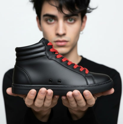 Sneaker GERO Mefisto Black Vortex in ecopelle nera, collo alto, suola nera in gomma e resina, dettagli rossi e design confortevole