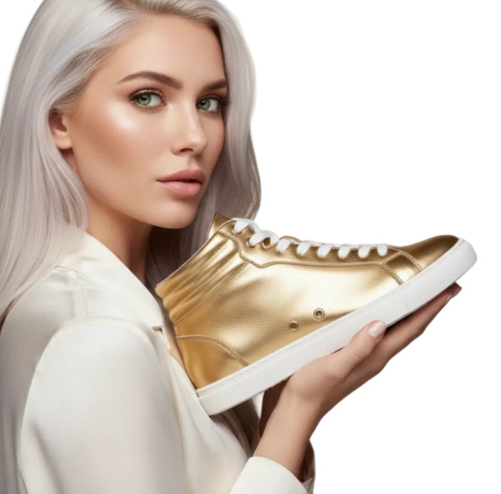 Sneaker GERO Noah Gold Vortex Wish Dance Shop con collo alto, eco pelle oro, suola bianca, design vegan e comfort leggero.