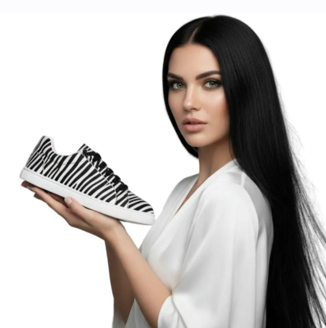 Sneaker ATACA Zebry White Vortex in tessuto zebrato vegano, con suola bianca in gomma e resina, dettagli neri pivot.