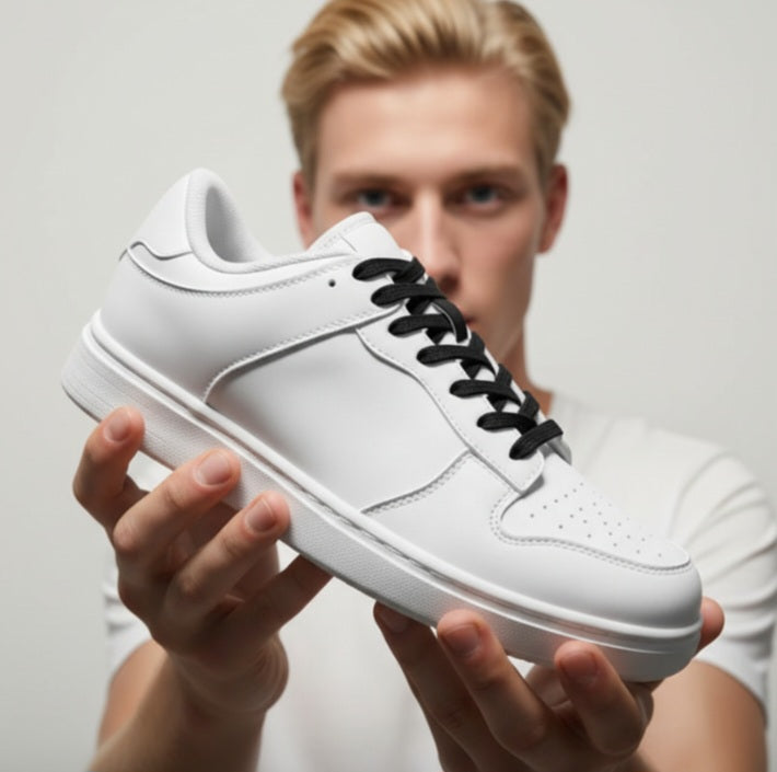 Sneaker ecopelle vegana ODINO Wish Dance Shop con suola bianca in gomma e resina, dettagli con cerchi neri.