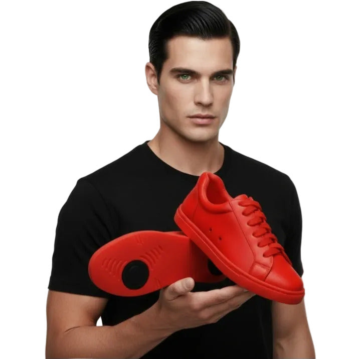 Sneaker ecopelle rossa ATACA Red Flame Vortex con suola rossa in gomma e resina, dettagli neri e design comfort leggero.