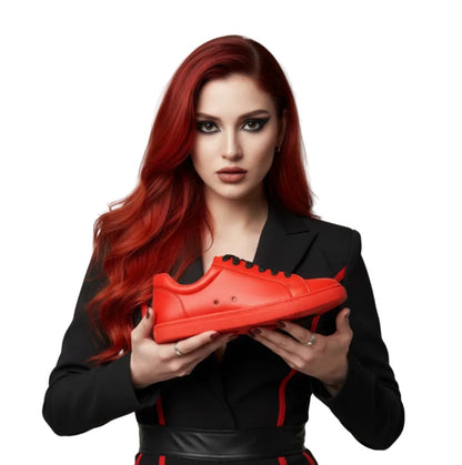 Sneaker ecopelle rossa ATACA Red Flame Vortex con suola rossa, dettagli neri, materiale vegan e design leggero e flessibile.