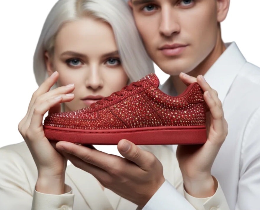Sneaker Rubin De Lux in camoscio vegan con Swarovski Boreali, suola rossa in gomma e resina, dettagli cerchi rossi, Wish Dance Shop
