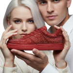 Carica immagine nella Galleria, Sneaker Rubin De Lux in camoscio vegan con Swarovski Boreali, suola rossa in gomma e resina, dettagli cerchi rossi, Wish Dance Shop
