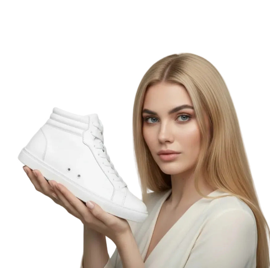 Sneaker bianca GERO White Vortex Wish Dance Shop, scarpa alta in eco-pelle vegan, suola bianca, dettagli neri e resina tecnica.