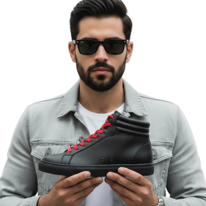 Sneaker GERO Mefisto Black Vortex in ecopelle nera con suola in gomma e resina, dettagli rossi e design a collo alto, comfort vegan