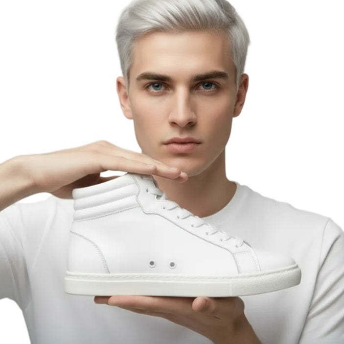 Sneaker GERO White Vortex Wish Dance Shop con tomaia in ecopelle bianca, suola bianca in gomma e resina, dettagli neri e design alto.