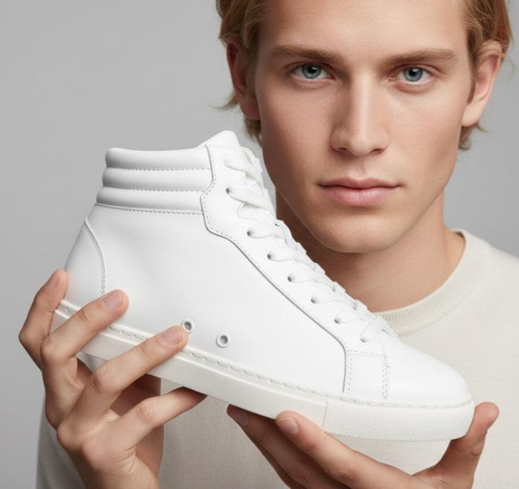 Sneaker GERO White Vortex Wish Dance Shop con tomaia in ecopelle bianca, suola bianca, dettagli neri e design alto collo.