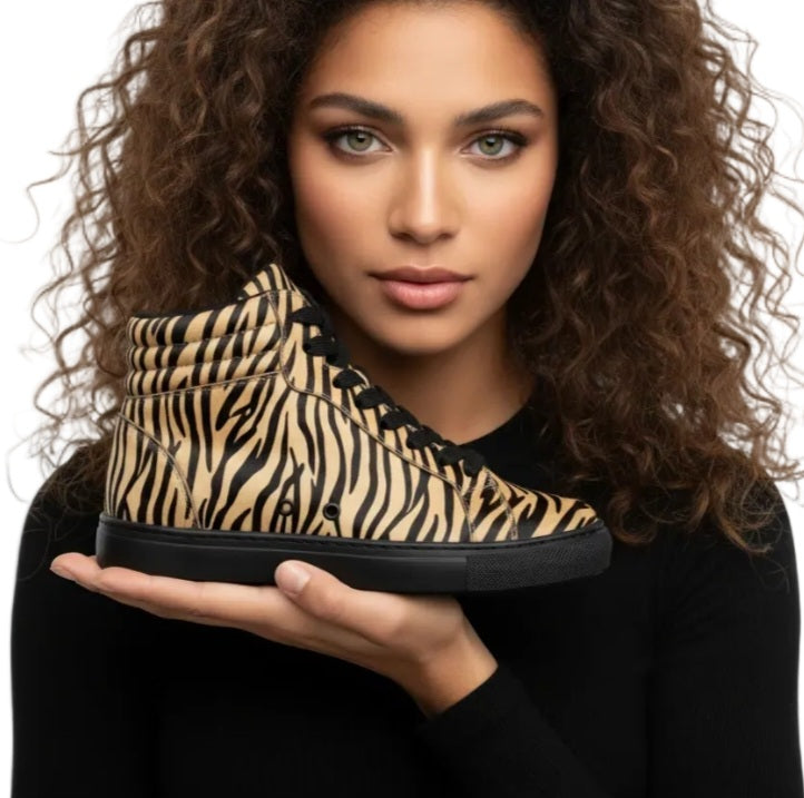 Sneaker GERO Tiger Black Vortex Wish Dance con design tigre del Bengala, suola nera in gomma e resina, stile alto e comfort vegano.