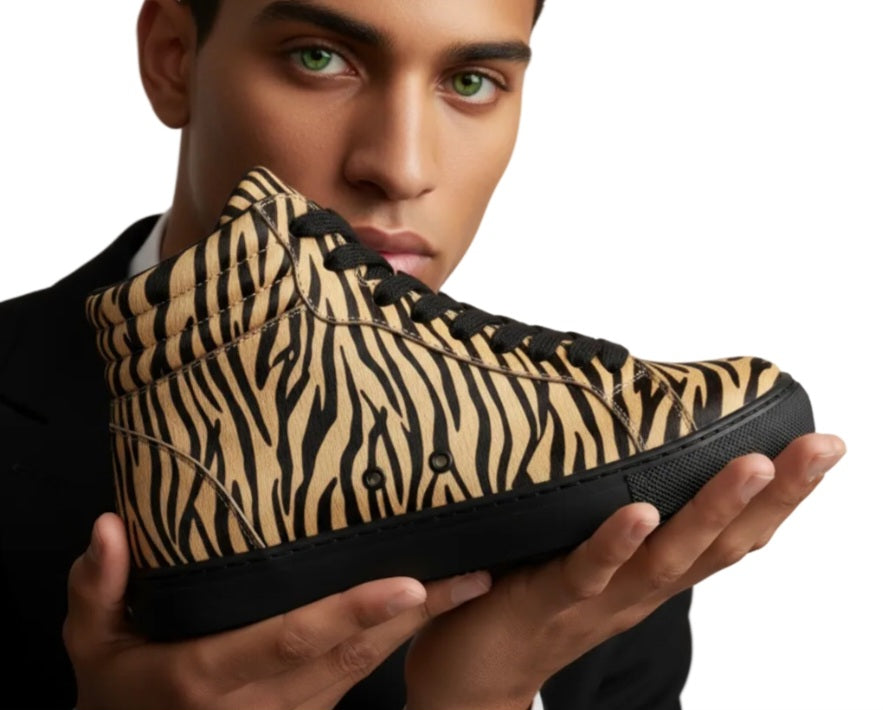 Sneaker GERO Tiger Black Vortex Wish Dance Shop, scarpa alte con disegno tigre del Bengala, suola nera in gomma e resina, stile vegano.