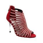 Load image into Gallery viewer, ELSY Red Siver Plus (L7) - Sandalo a Tronchetto Da Donna in Camoscio Rosso Con Swarovski Boreali e Tacco a Spillo Laminato Argento
