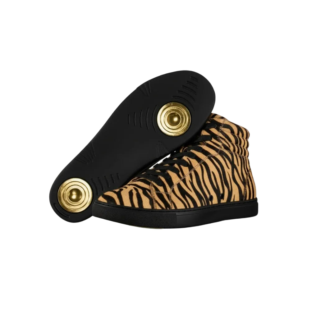 Sneaker GERO Tiger Black Gold Vortex con design tigre del Bengala, suola nera in gomma, dettagli oro e materiali vegani.