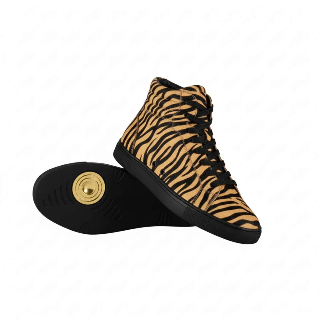 Sneaker GERO Tiger Black Gold Vortex Wish Dance, scarpa alta vegan con design tigre del Bengala, suola nera in gomma e resina oro
