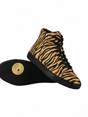 Carica immagine nella Galleria, GERO Tiger Black Gold Vortex (L0703FCE) - Sneaker Collo Alto Disegno Tigre del Bengala Totale materiale Vegan confort Light Flex Suola Nera in Gommina e Resina Tecnica Cerchi Oro Pivot