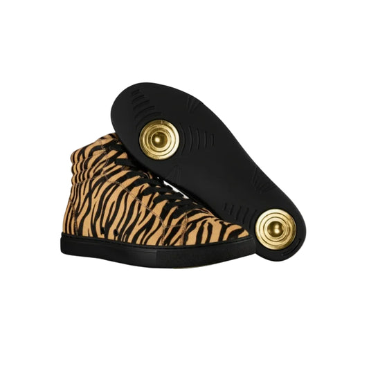 Sneakers GERO Tiger Black Gold Vortex con design tigre del Bengala, suola nera in gomma, dettagli oro e materiali vegan.