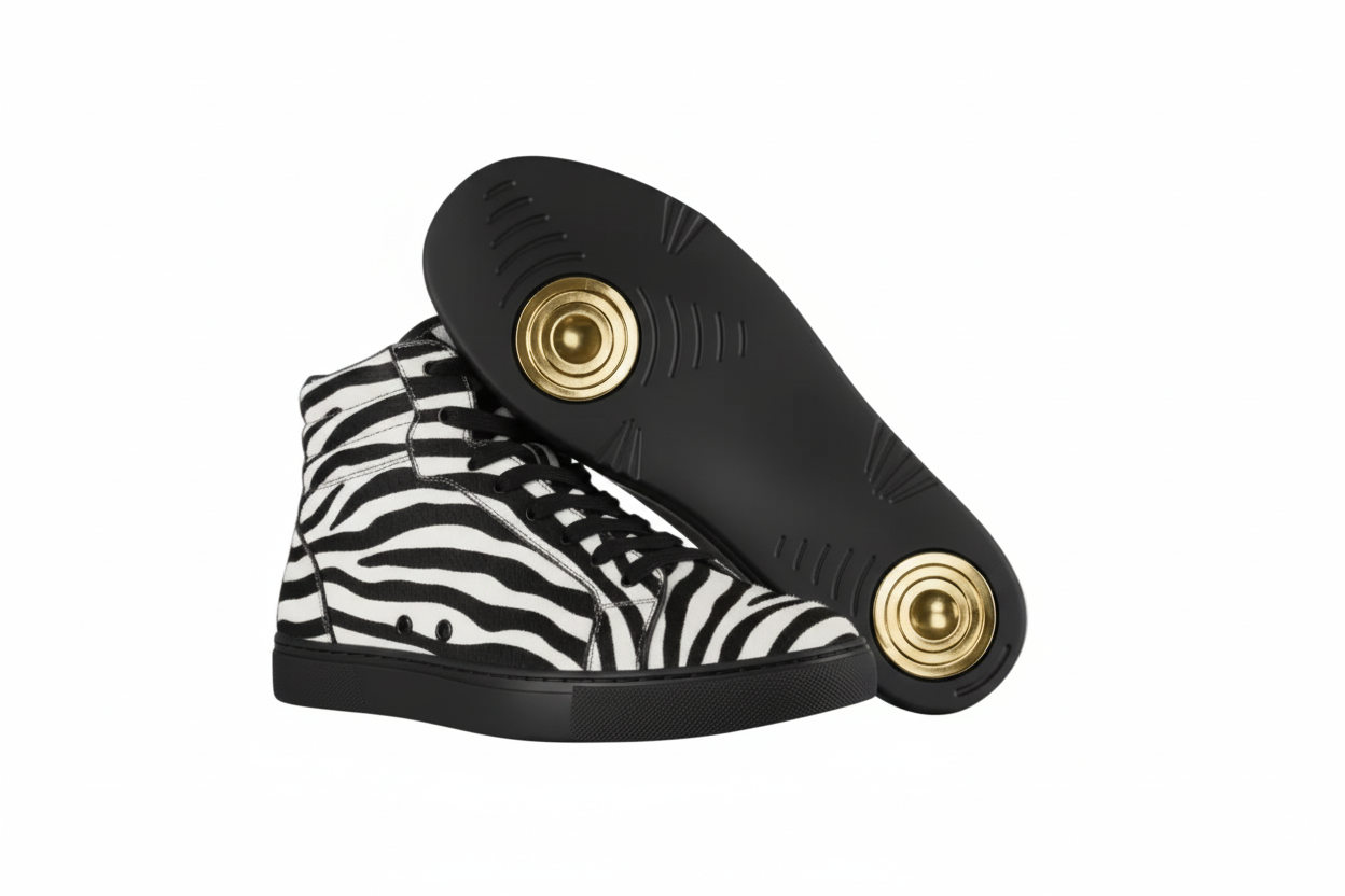 Sneaker GERO Tiger Black Gold Vortex Wish Dance Shop con design tigre del Bengala, suola nera in gomma e dettagli in oro.