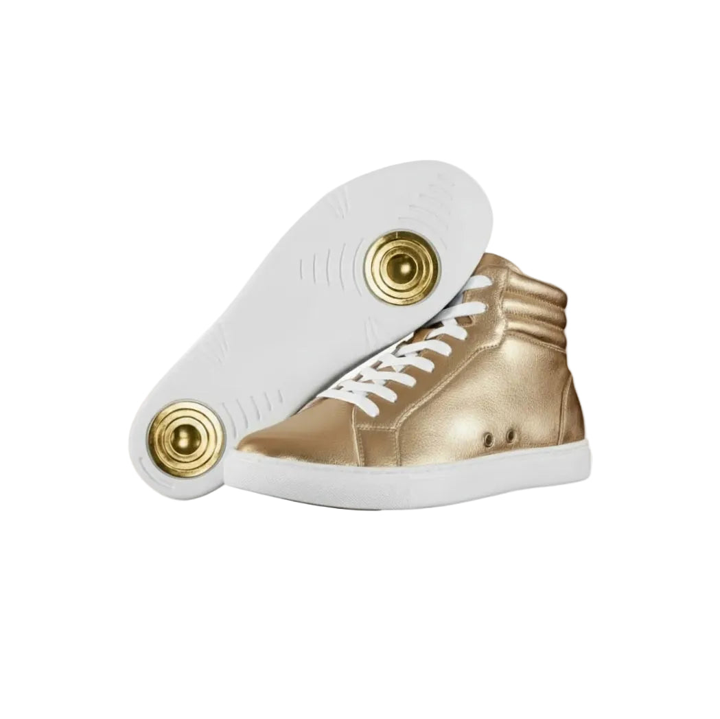 Sneaker GERO Noah Gold Vortex Wish Dance Shop, collo alto, ecopelle oro, suola bianca in gomma e resina, dettagli pivot oro.