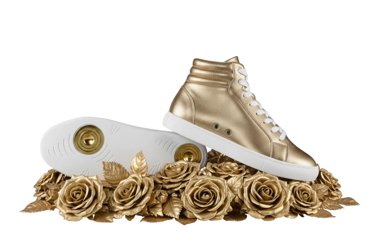 Sneaker GERO Noah Gold Vortex Wish Dance Shop, collo alto, ecopelle oro, suola bianca, comfort, stile trendy, dettagli oro.