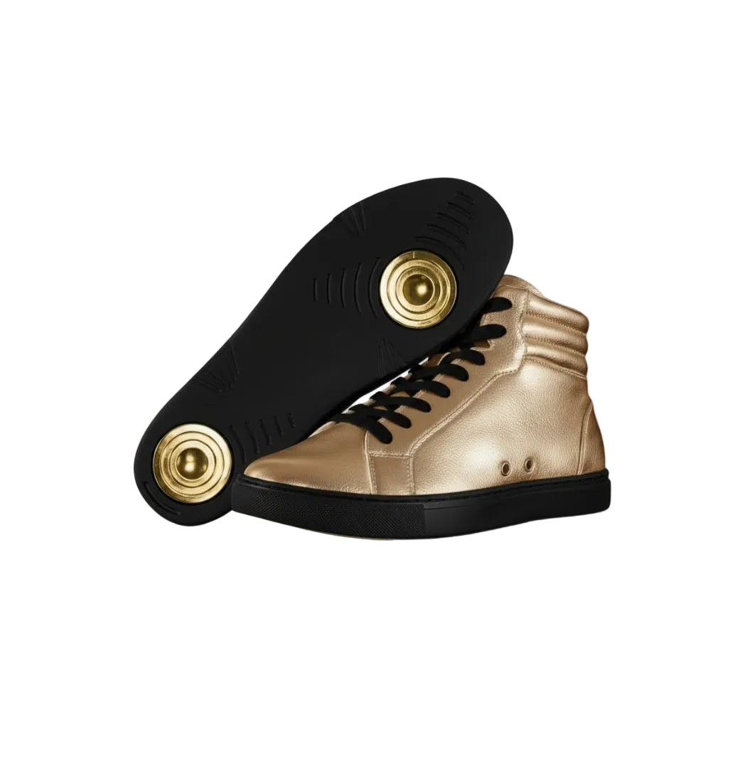 Sneaker GERO Gold Black Vortex Wish Dance Shop con collo alto, suola nera in gomma, dettagli oro e design in ecopelle vegan.
