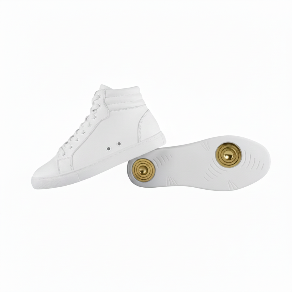 GERO WHITE GOLD Vortex (L0703FCE) - Sneaker Collo Alto in Ecopelle Totale Bianca Materiale Vegan Suola Bianca in Gomma e Caucciù Confort Light Flex Cerchi Oro Pivot
